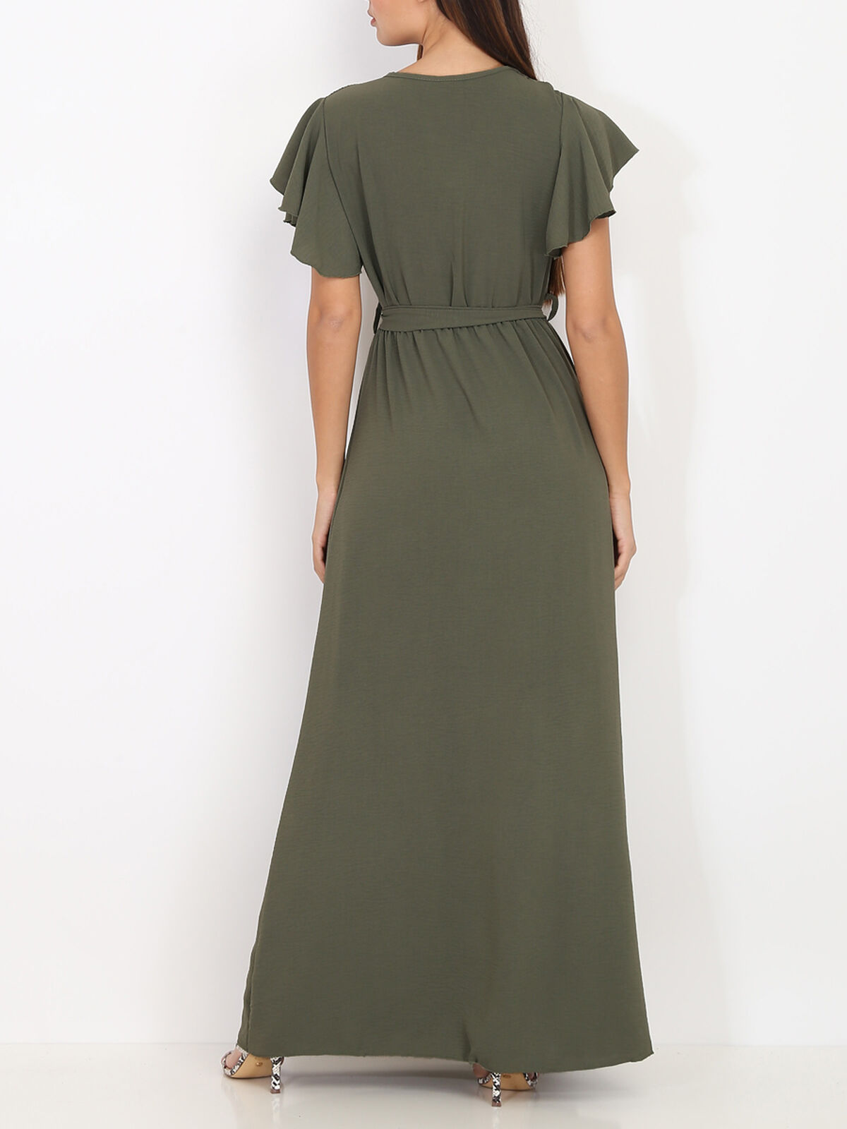 Robe longue fendue à col cache coeur- Kaki