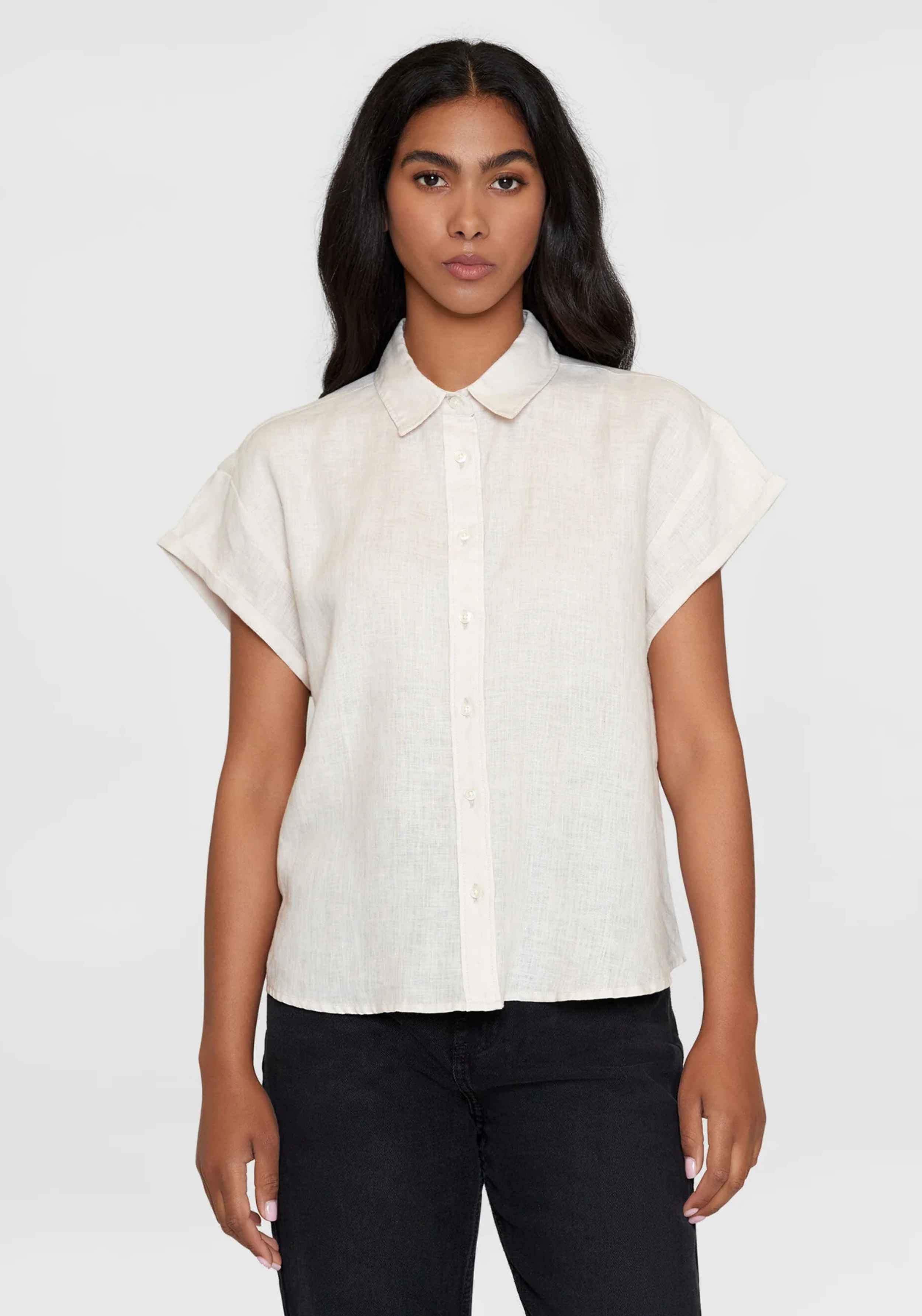 Knowledge Cotton Apparel Hemdbluse Aster Fold Up SS Linen Shirt Light Feather Gray