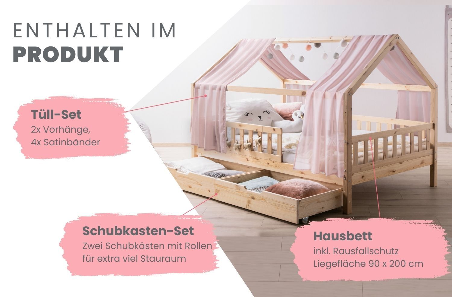 TiCAA TiCAA Kinderbett Hausbett mit Tüll Kim 90x200 cm, 100x200 cm, 120x200 cm, 140x200 cmfür Jungen & Mädchen, inkl. Rolllattenrost, Schubkasten und Rausfallschutz variabel, MontessoriBett Natur aus Kiefer Massivholz