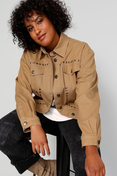 Longjacke, oversized, Ziernieten, Rücken-Stickerei, Langarm