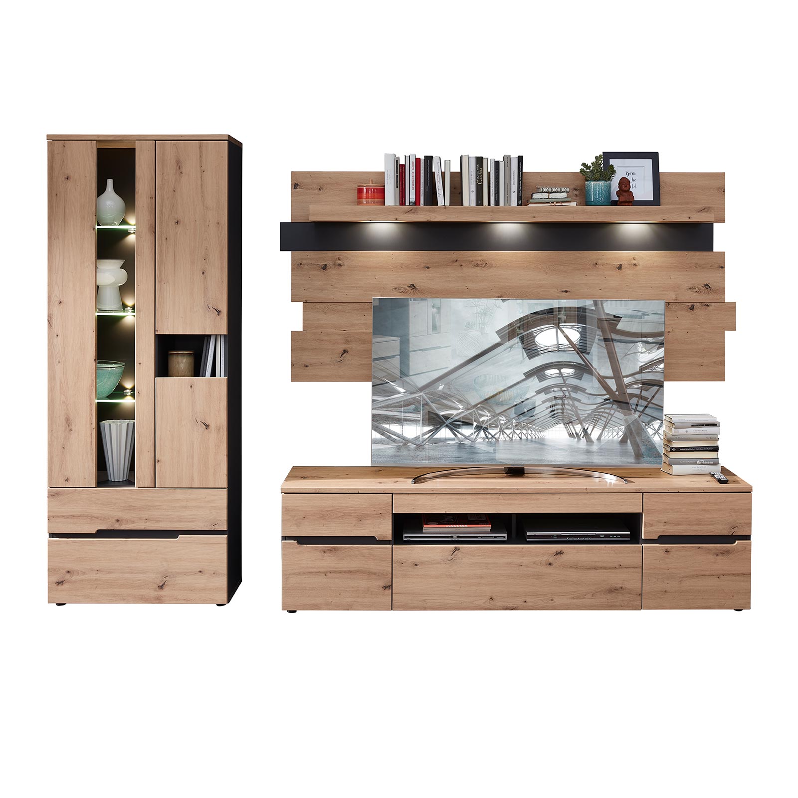3-teilges Wohnwand-Set - Artisan Eiche-graphit - mit LED-Beleuchtung