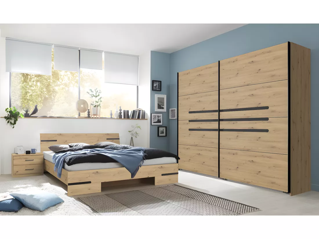 Chambre à coucher complète adulte (lit 140x200cm + 2 chevets + armoire)