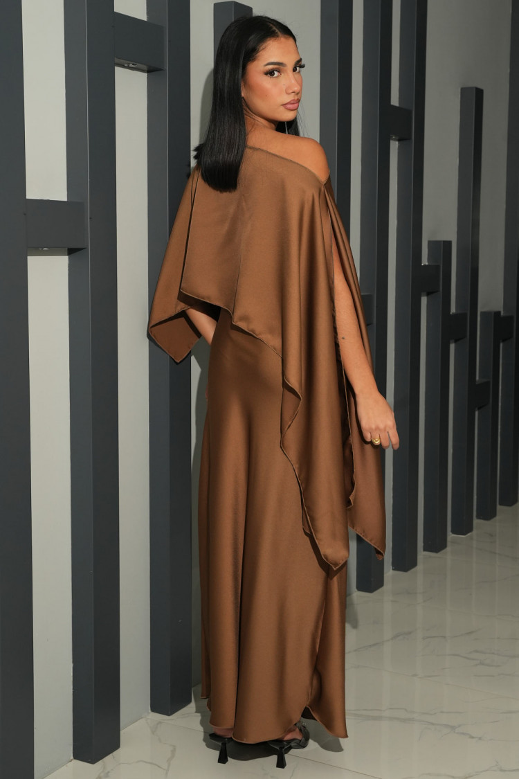 Robe 2 pièces bustier + poncho satiné marron