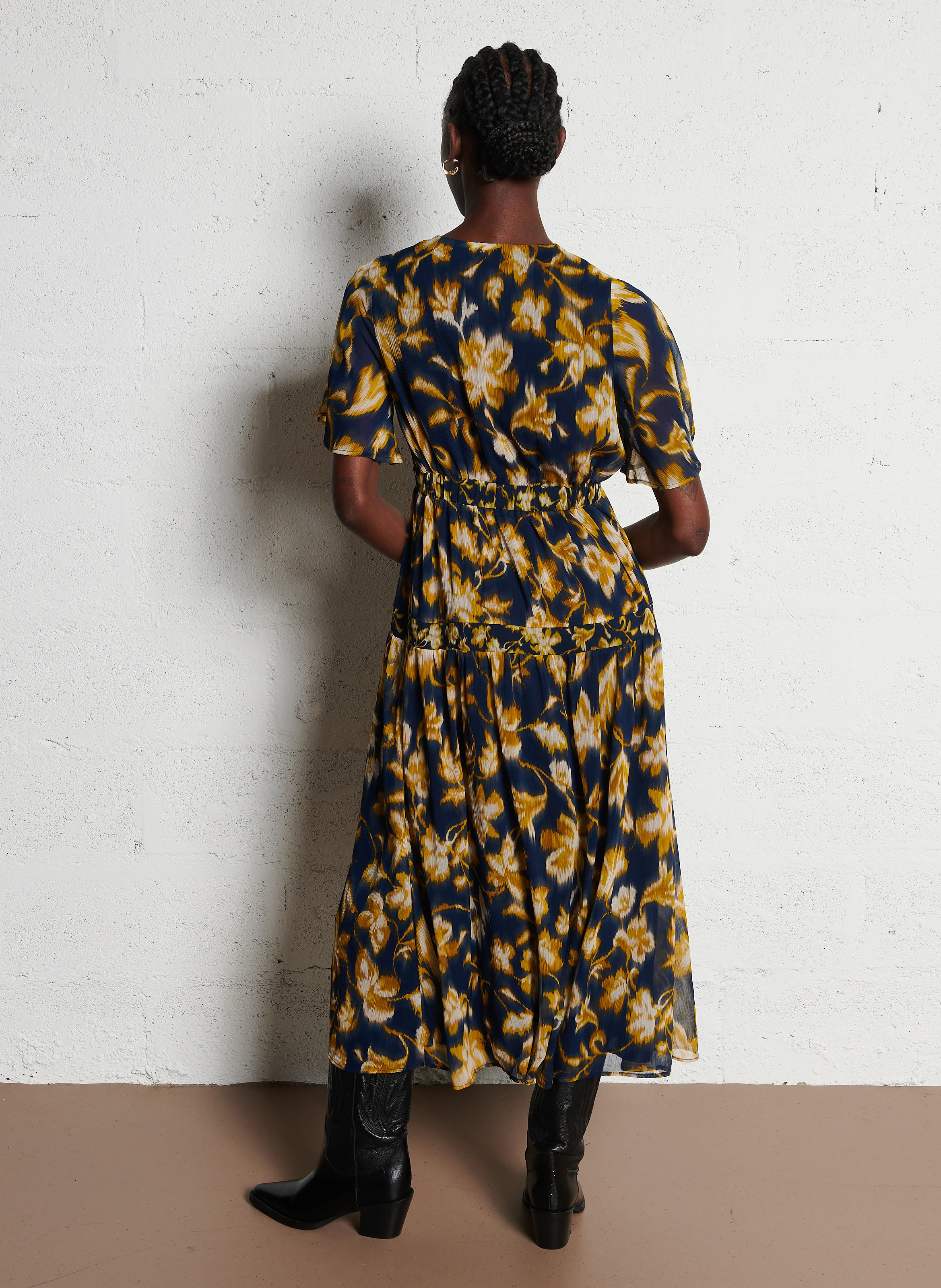 ROSILIE - Robe longue col V imprimée | Bleu