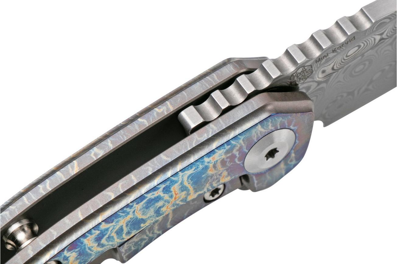Kansept Mini Korvid K3030A2 Damascus, Lightning Strike Titanium zakmes, Justin Koch design