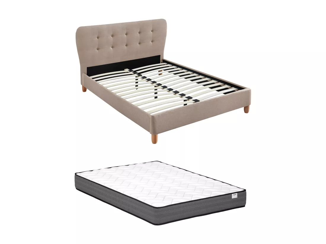 Lit 140 x 190 cm avec tête de lit capitonnée - Tissu - Beige + Matelas - ELIDE