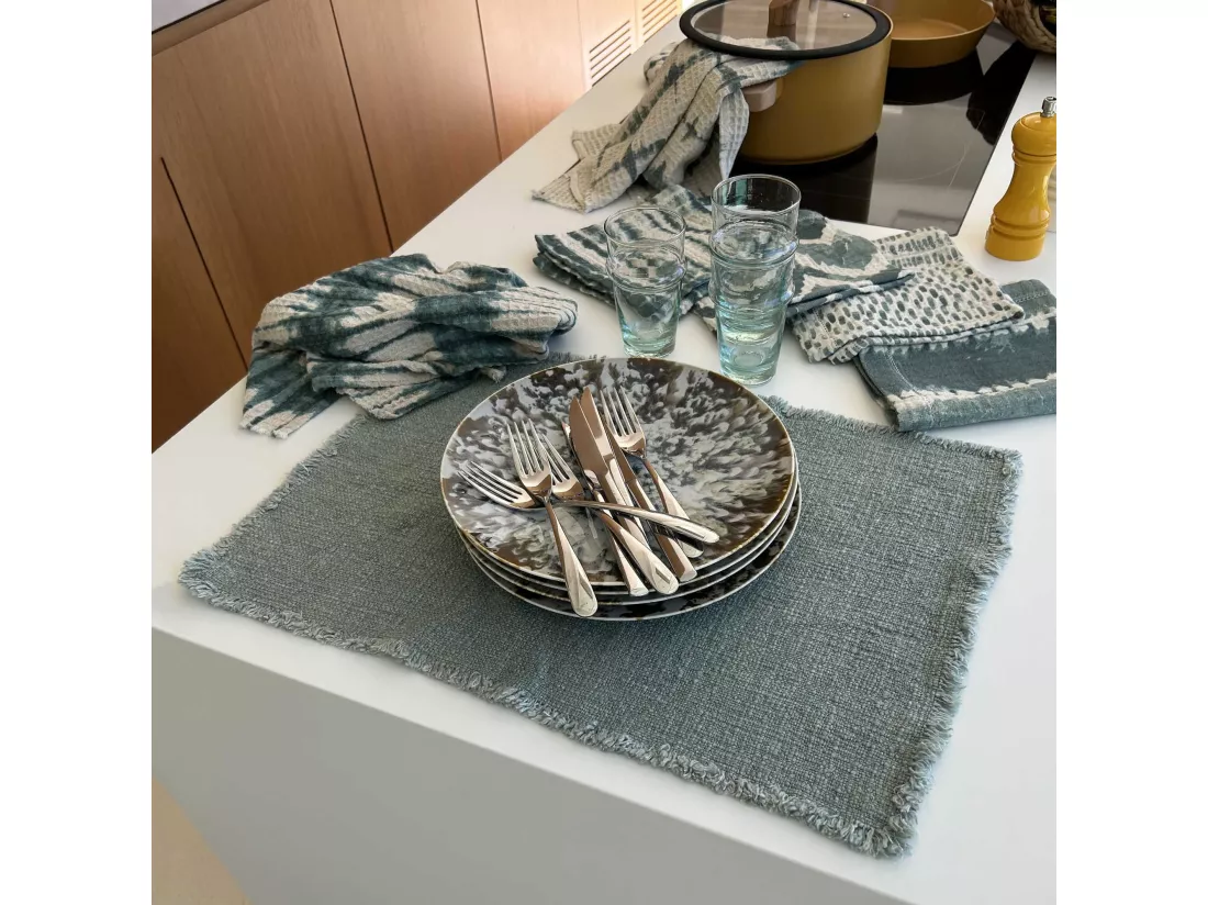 Now's Home - Lot De 4 Sets De Table Franges Tissu Uni Vert Celadon 38x54cm Anoki