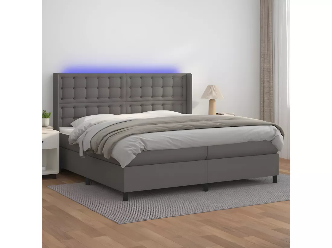 Sommier tapissier et matelas et LED Gris 200x200 cm Similicuir