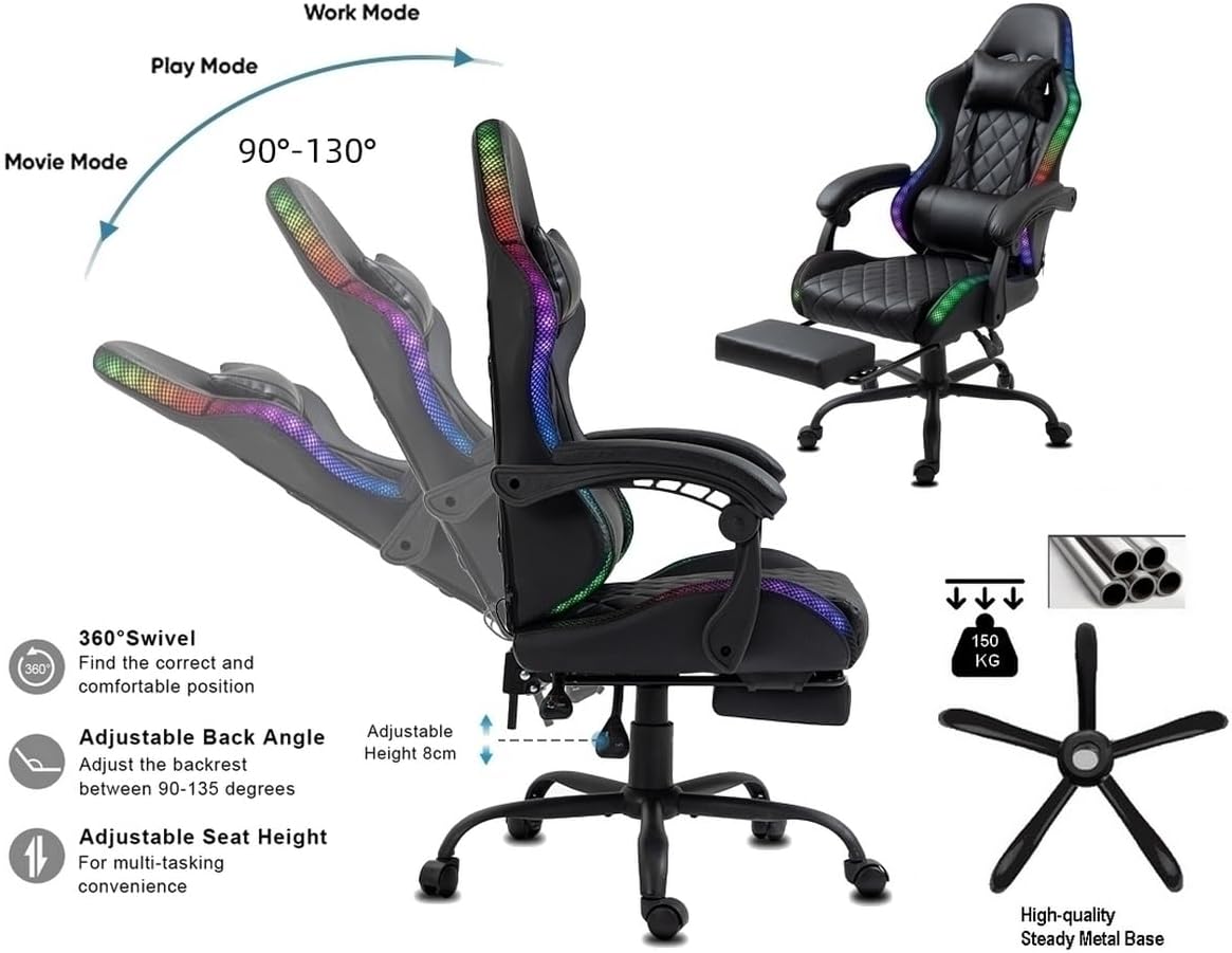 Delman Gaming-Stuhl Bürostuhl Gaming Stuhl mit LED, RGB Beleuchtung, Drehstuhl, Dicke Polsterung, Metallfußkreuz, Fußstütze 02-0055 (Schwarz)