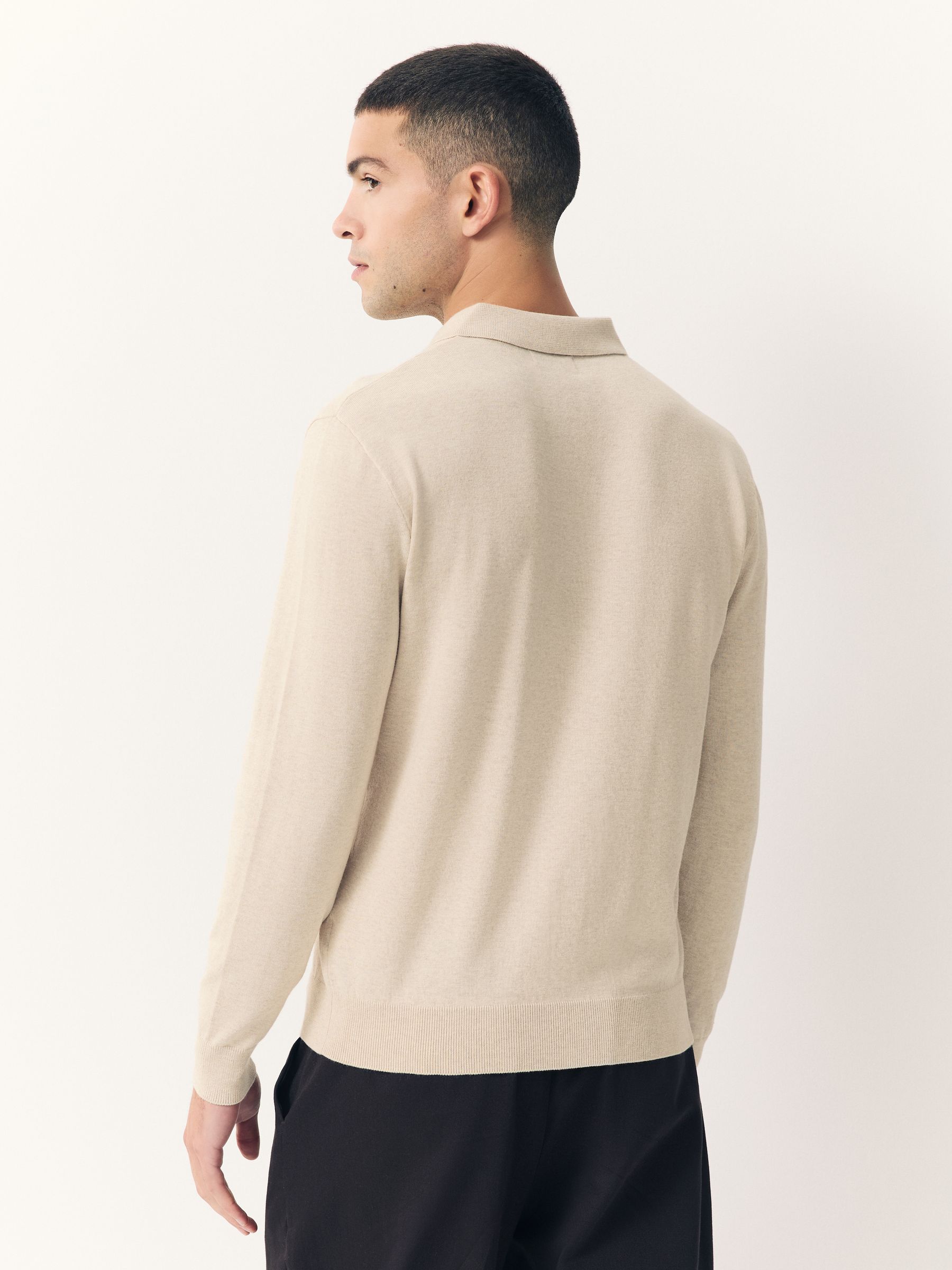 Gemêleerd naturel - Normale Pasvorm - Katoenrijk gebreid poloshirt met lange mouwen