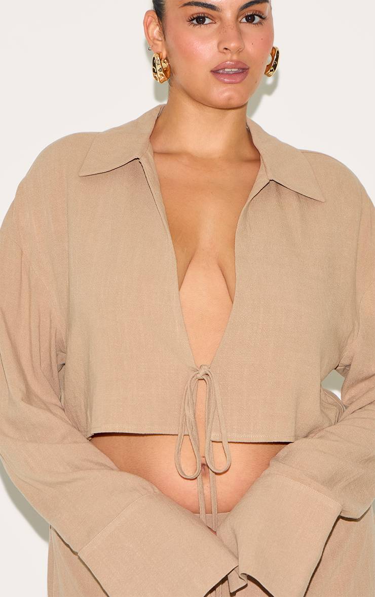 Chemise Courte Grande Taille En Mélange De Lin Avec Nœud Devant