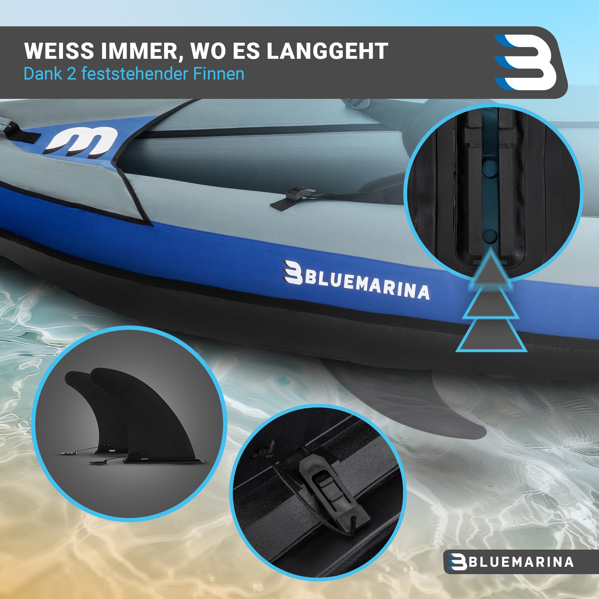 Bluemarina Kajak aufblasbar Samoa, 3-Sitzer-Kanu, Fußpumpe, Gepäckgummi, Finnen, Transportrucksack