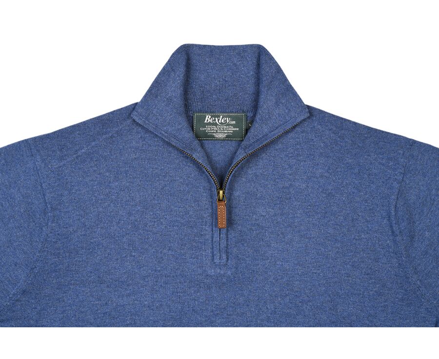 Pull col zippé homme fin coton bio/cachemire Bleu Foncé Chiné - VLAD