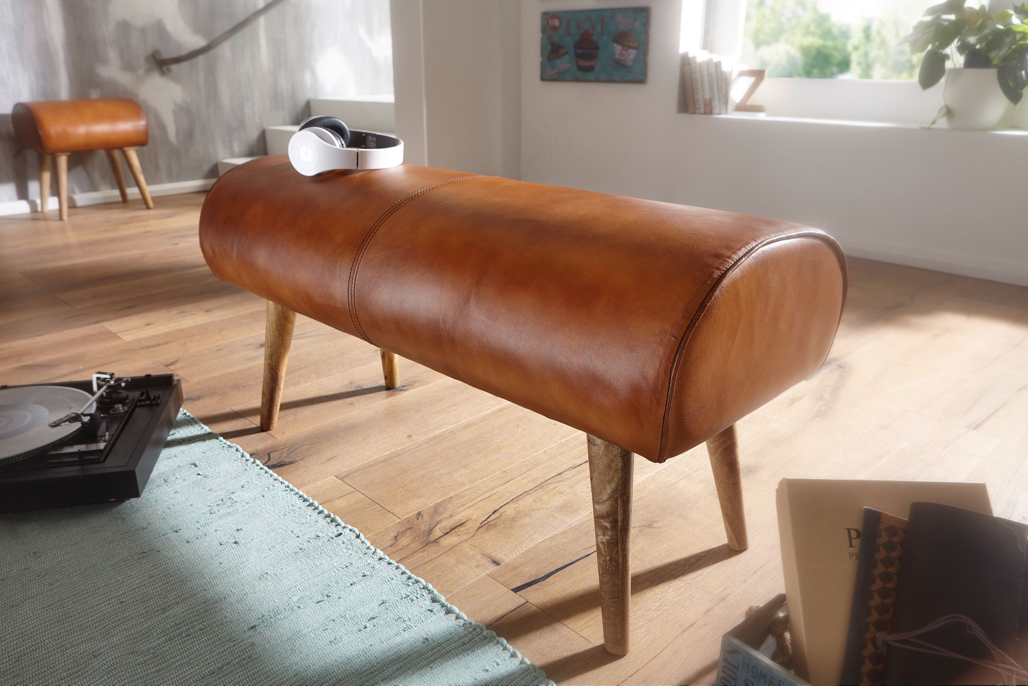 KADIMA DESIGN Sitzbank aus Holz und Echtleder, Moderne stilvolle Sitzgelegenheit für 2 Personen