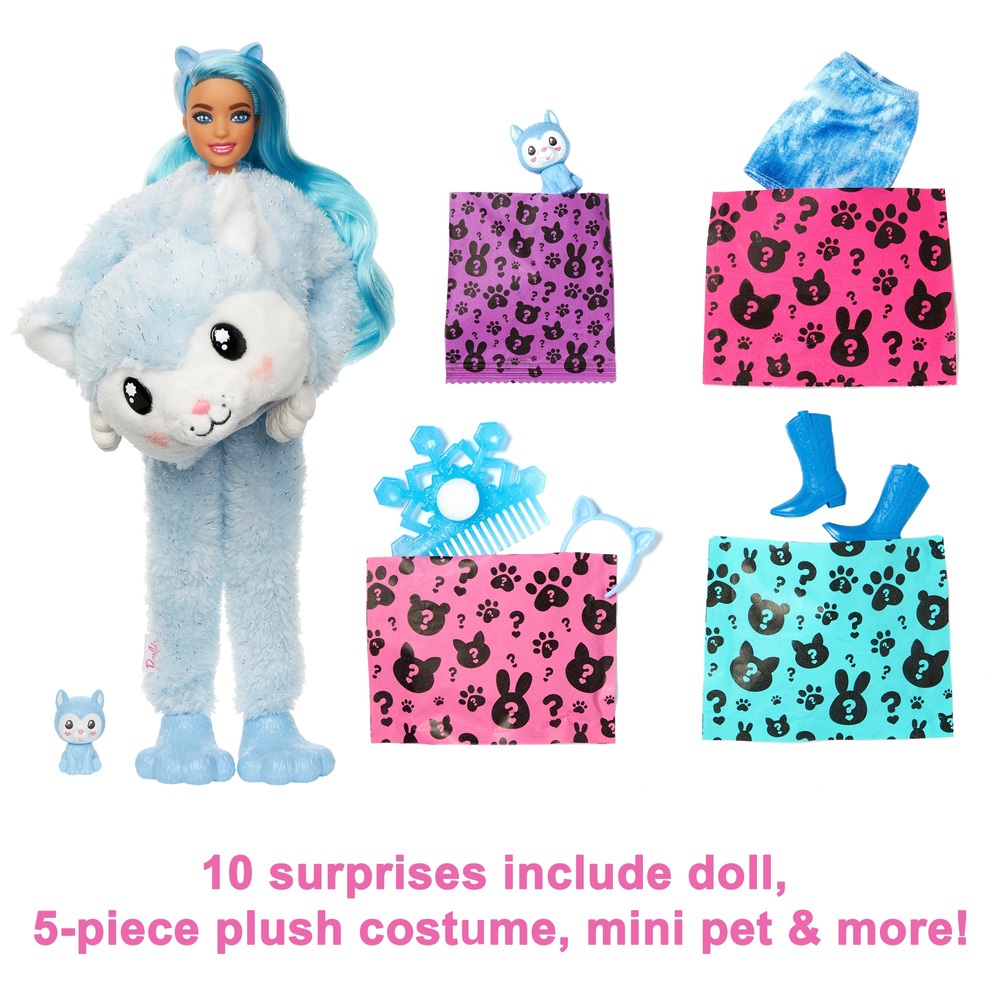 Barbie Cutie Reveal Puppe mit Husky-Plüschkostüm und 10 Überraschungen