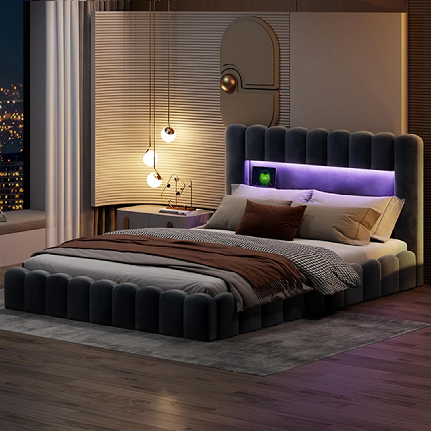 Polsterbett 180x200, Bubble Bett mit Hydraulischem Stauraum, USB-Ladefunktion und LED-Beleuchtung, Doppelbett Bettgestell, Jugendbett (Grau Samt, Ohne Matratze)