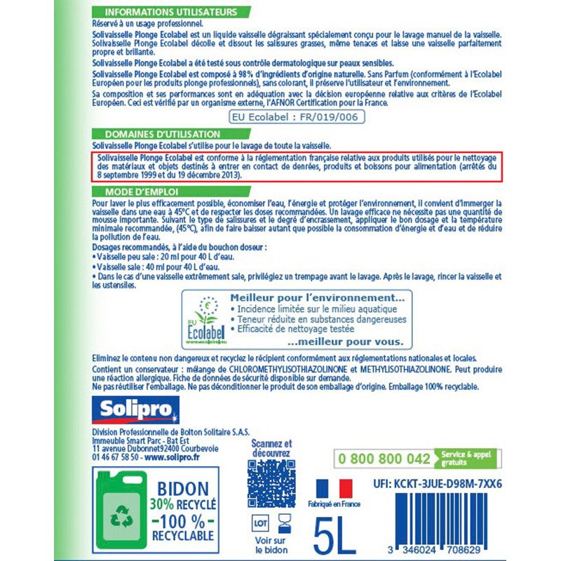 Liquide vaisselle mains Solivaisselle Plonge écologique - Bidon de 5 L