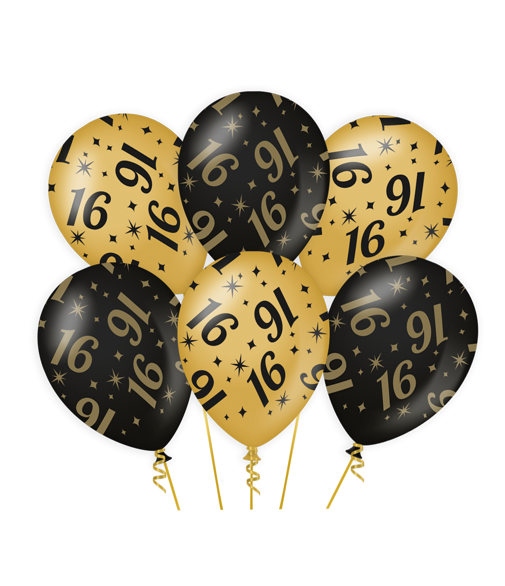 Ballonnen 16 Jaar Goud Zwart 30cm 6st