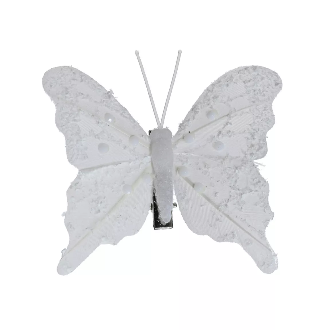 Lot de 4 Papillons sur pince (H8 cm) Éclats et perles Blanc d'hiver