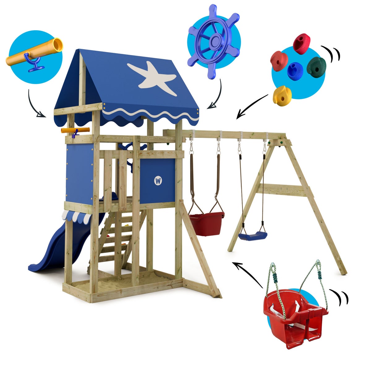 WICKEY DinkyStar Speeltoren Klimrek met Schommel en Glijbaan, Klimtoren met Zandbak, Ladder en Speelaccessoires - Blauw