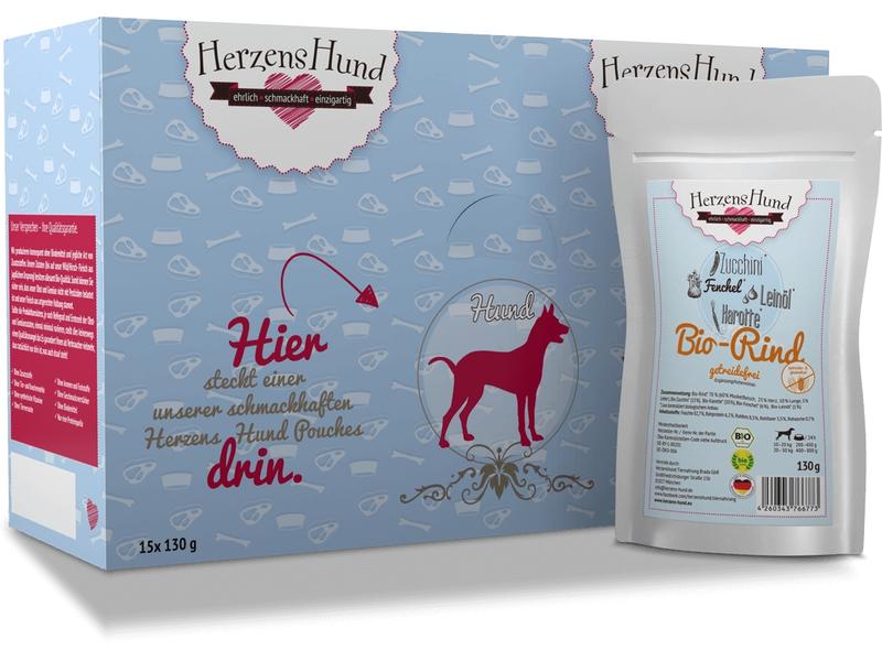 HerzensHund Nassfutter Getreidefrei Bio-Rind mit Bio-Zucchi Premium Bio-Ergänzungsfuttermittel für erwachsene Hunde