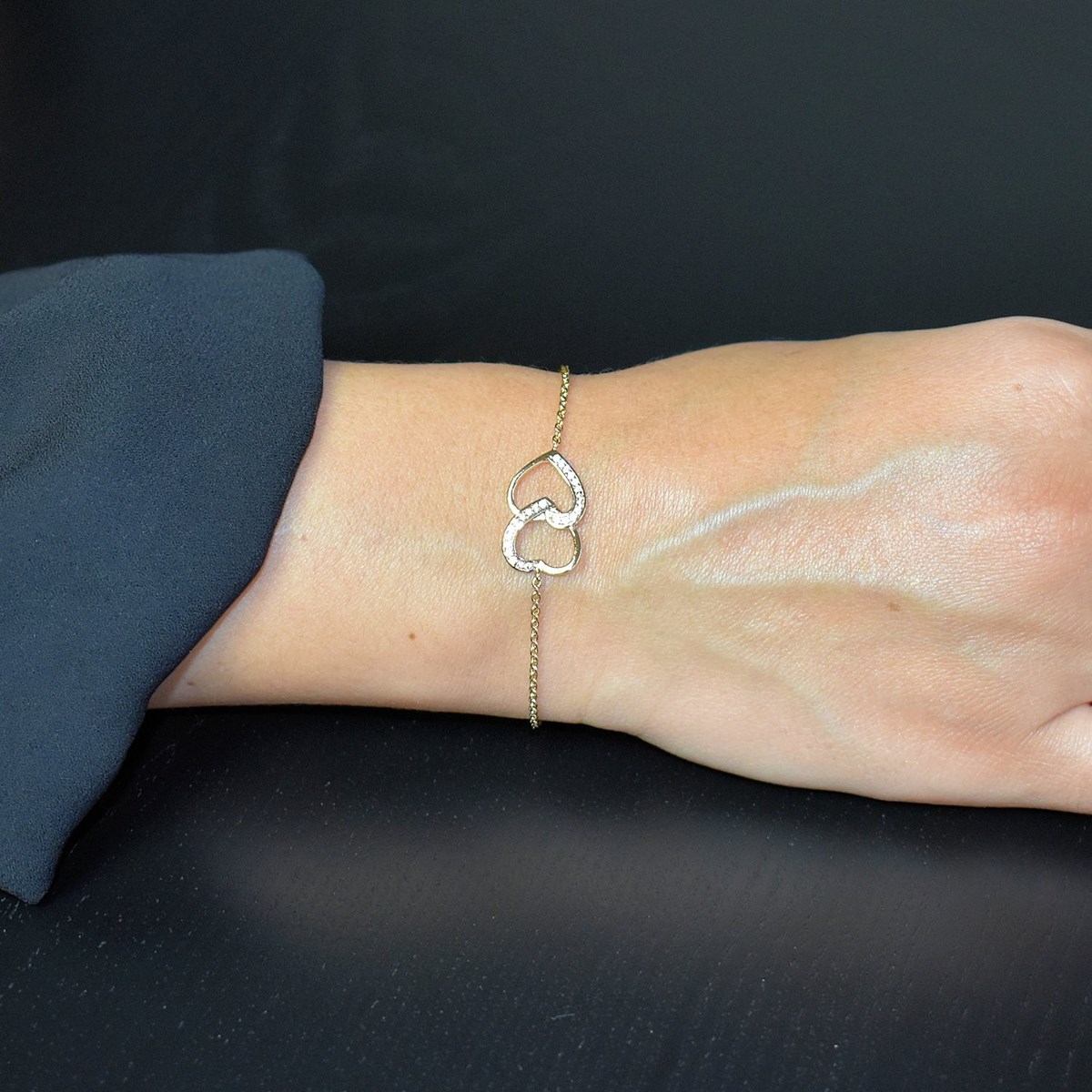 Bracelet 2 coeurs superposés sertis d'oxydes de zirconium Plaqué OR 750 3 microns