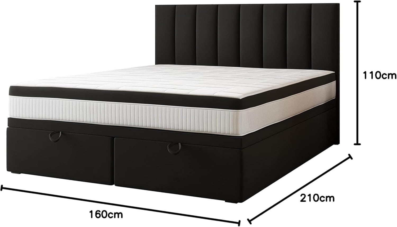 TRADA Boxspringbett Bond - Bett mit Matratze und Bettkasten - Boxspringbett mit gestepptes Kopfteil - Double Bed fur Schlafzimmer - Schwarz - 160 x 200 cm