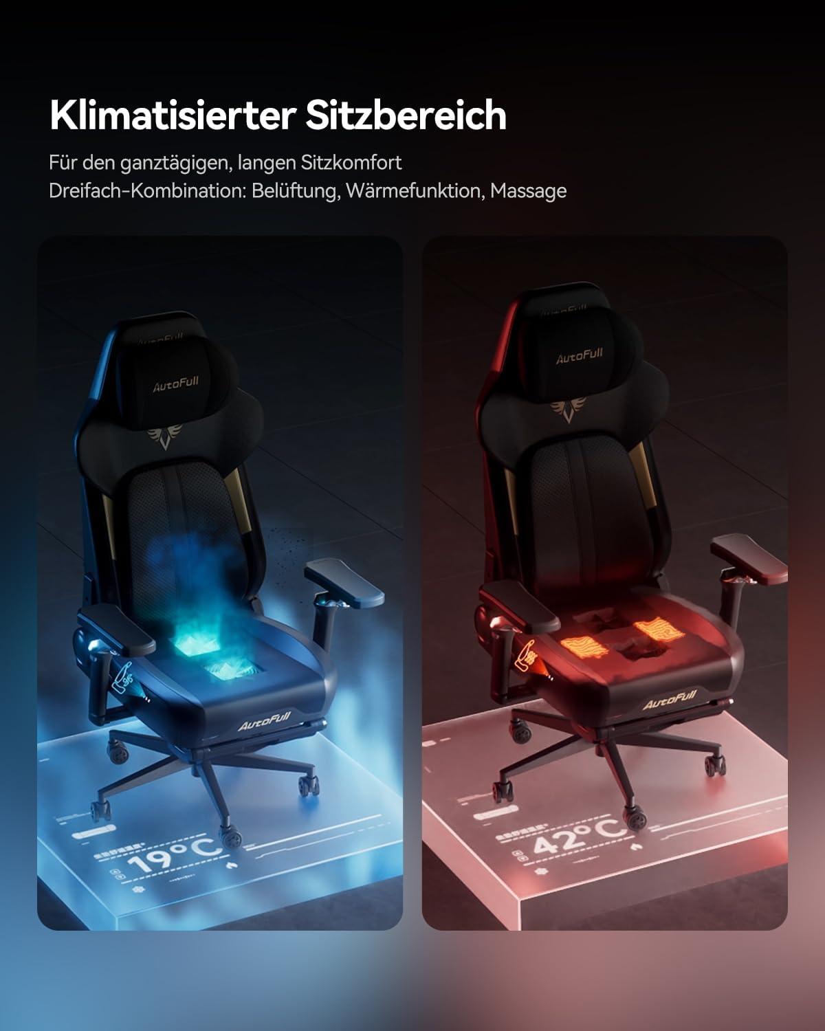 AutoFull M6 Ultra 2.0 Gaming Stuhl mit Massagefunktion | Gaming Chiar Ergonomisch – Weltweit Erster mit Belüftung & Heizung, 720°-Armlehnen, Kopfkissen und Fußstütze | für Gaming & Büro (Schwarz)