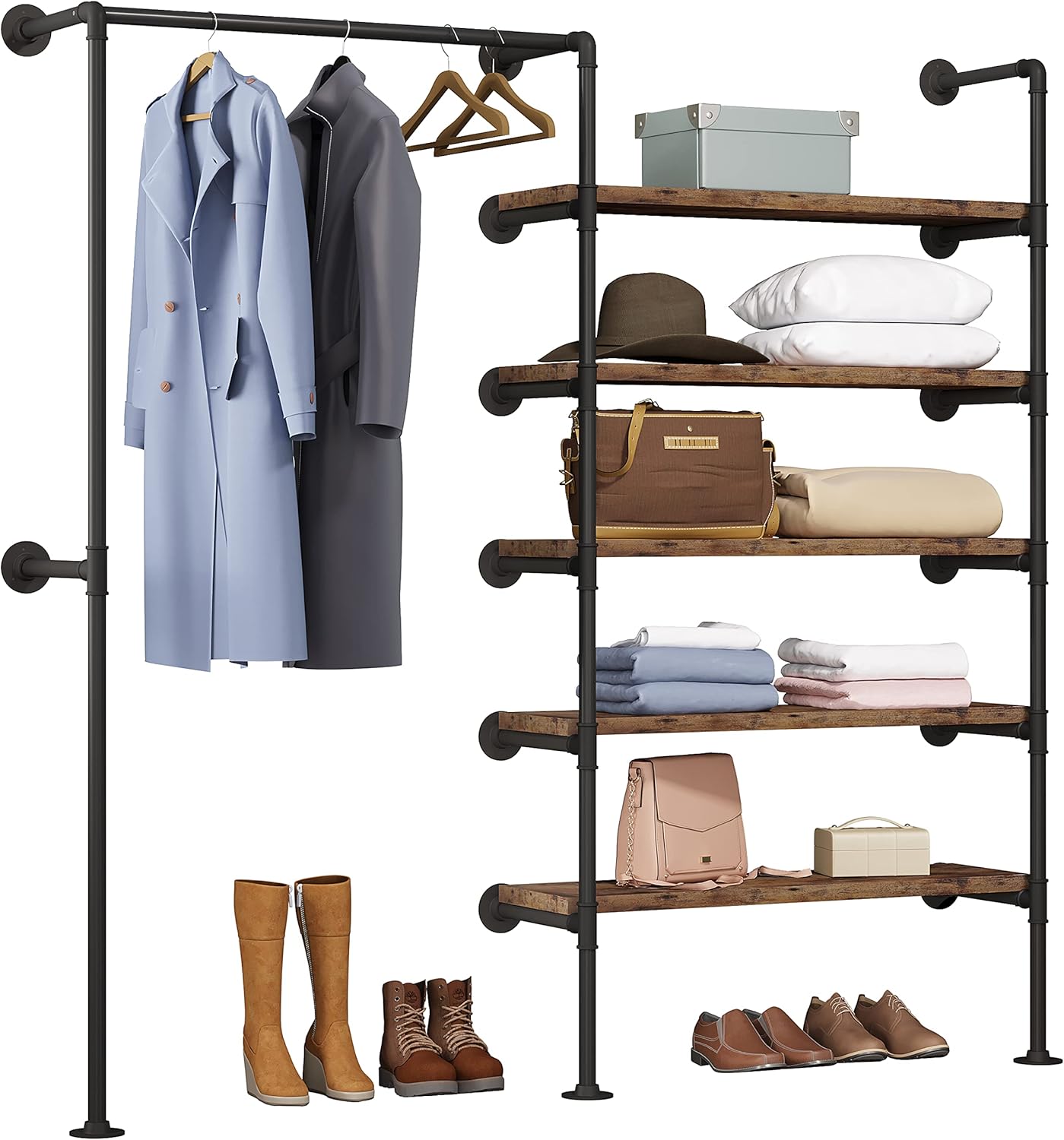 WOLTU Kleiderständer mit Ablagen, Garderobe mit Kleiderstange, Garderobenständer Wandmontage, Vintage Industrial Design