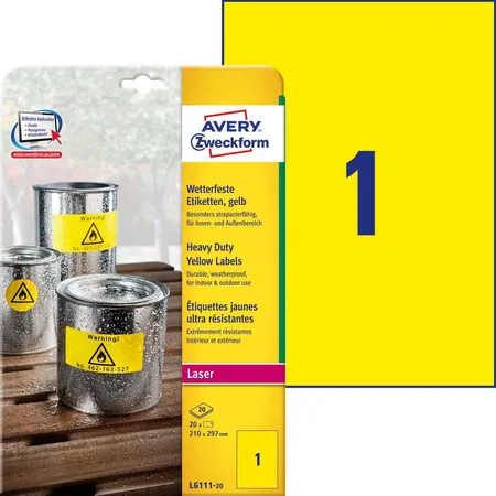 Avery Zweckform L6111-20 Wetterfeste Folien-Etiketten, 210 x 297 mm, 20 Bogen/20 Etiketten, gelb