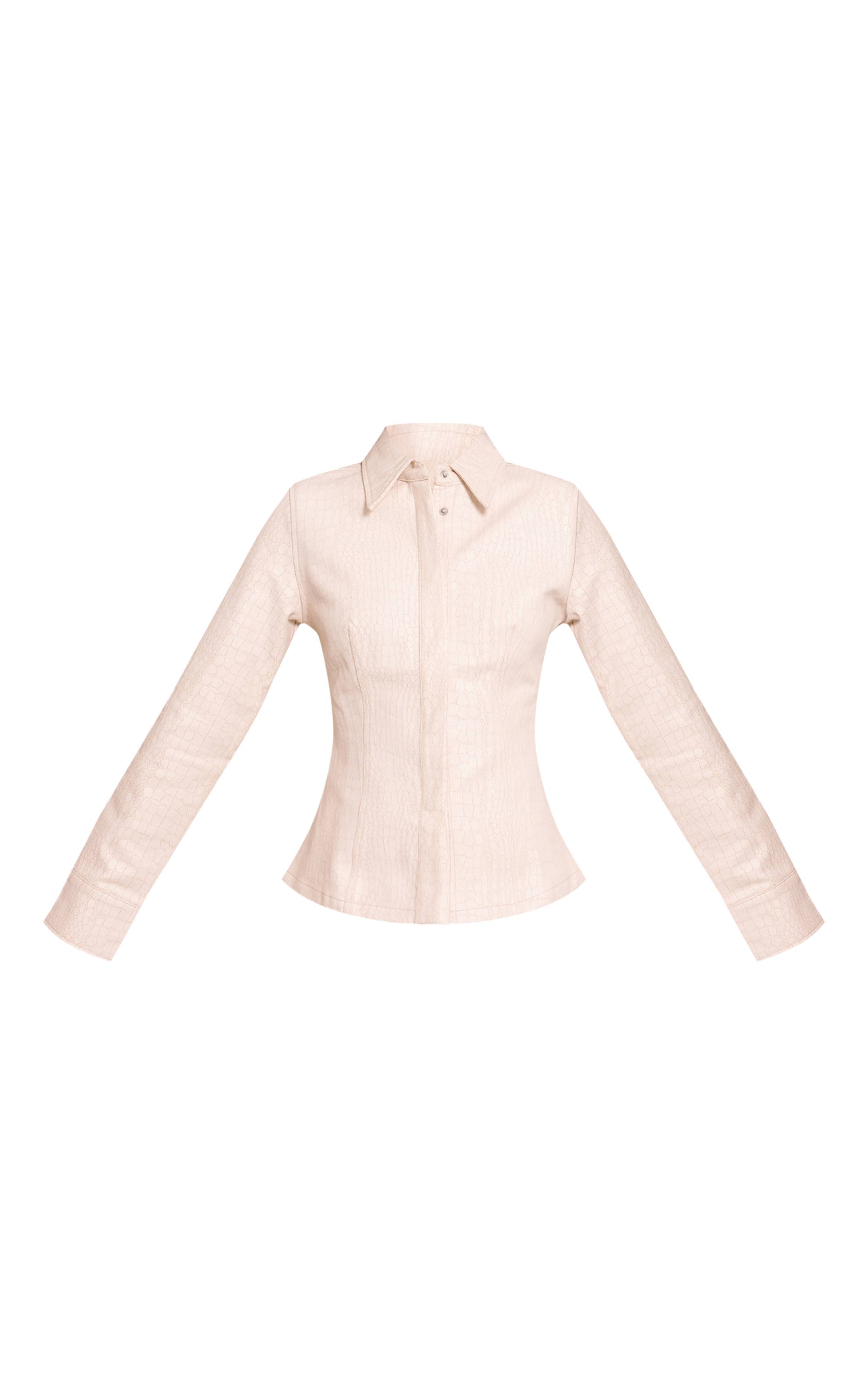 Crème Chemise En Denim Enduit À Imprimé Synthétique Avec Taille Cintrée