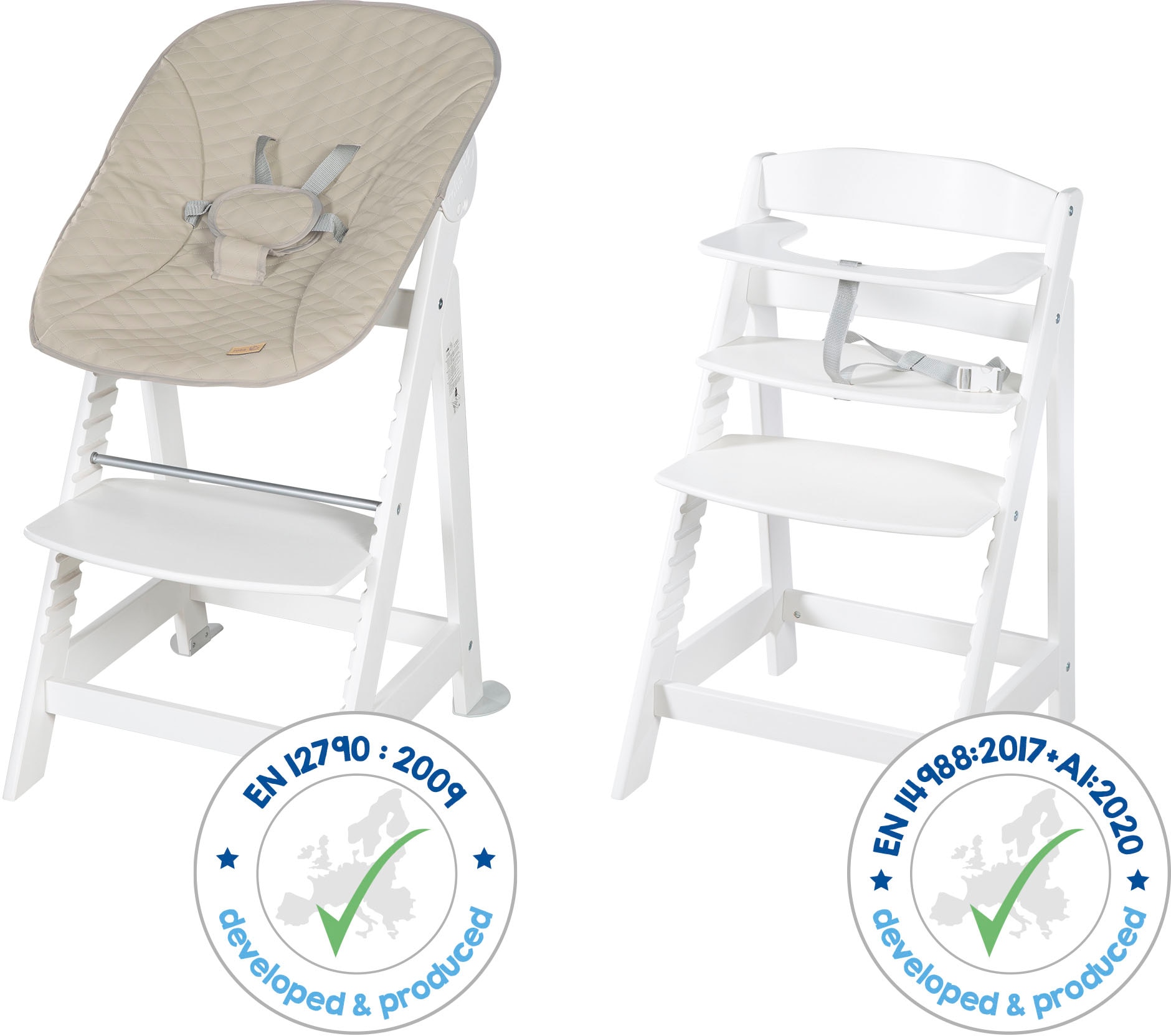 roba® Hochstuhl »Treppenhochstuhl 2-in-1 Set Born Up weiss« () mit Neugeborenen-Aufsatz, Greyish gesteppt