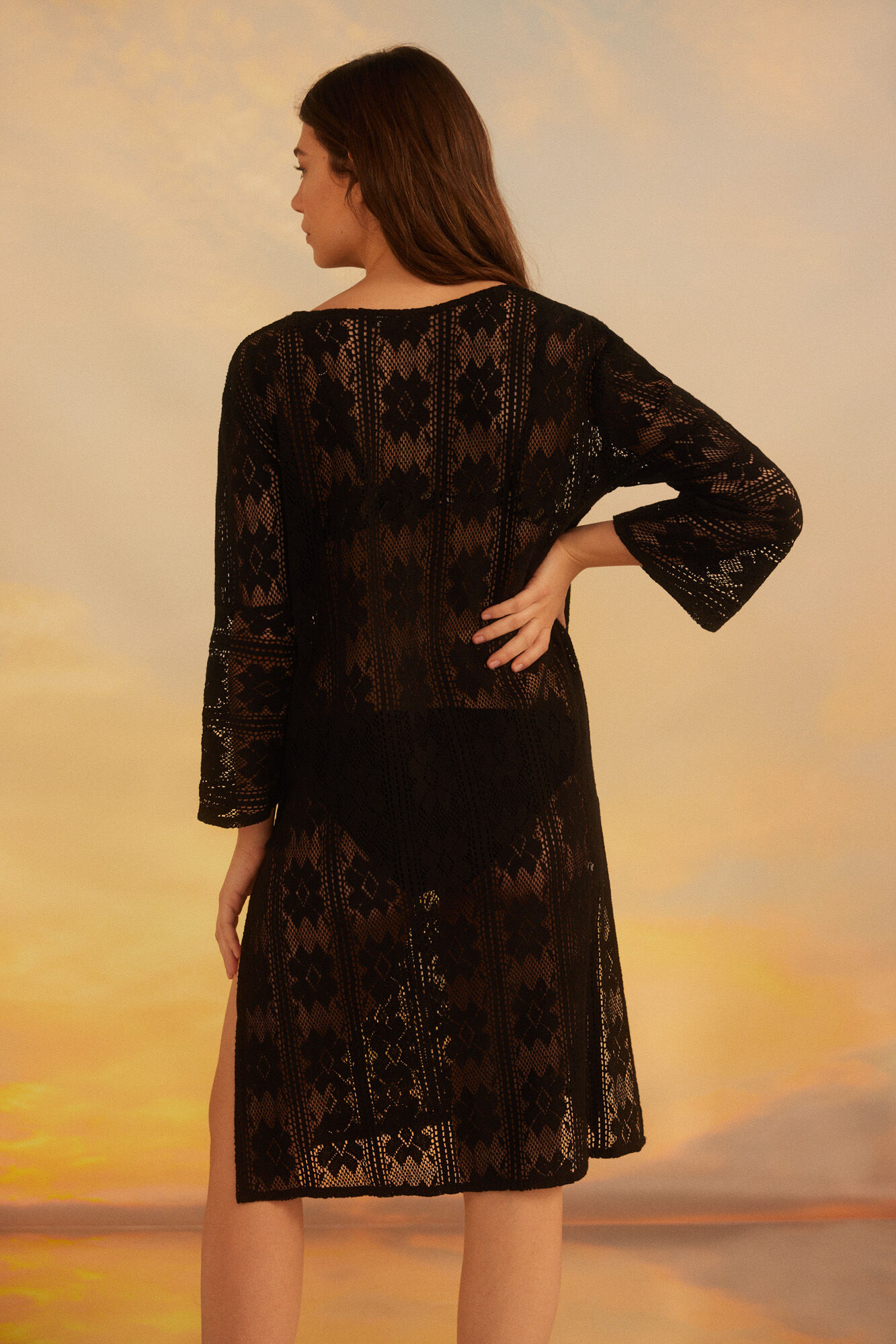 Caftan longo de crochê - Preto