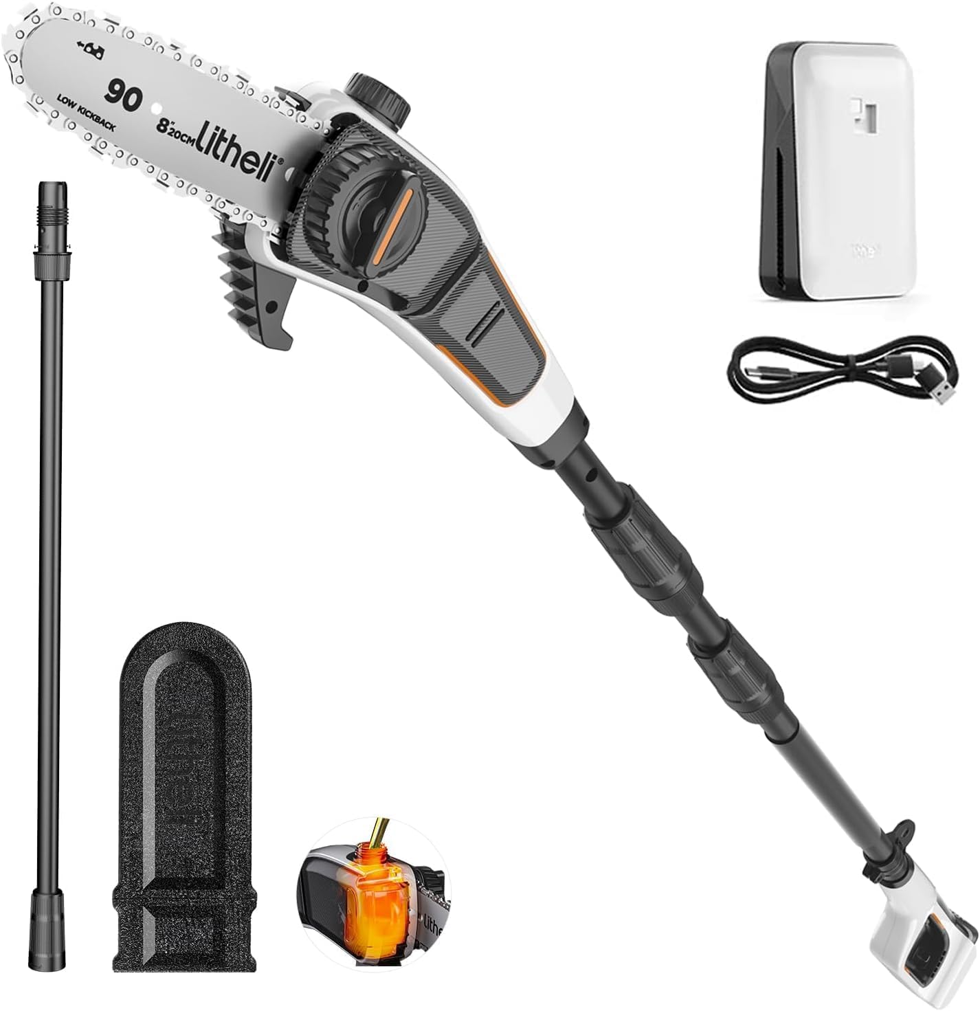Litheli Hochentaster Akku U20-PS, Astsäge Teleskop Akku zum Schneiden und Beschneiden von Ästen (2,0Ah, 8 m/s Kettengeschwindigkeit, 20 cm Schwertlänge, 140 ml autom. Kettenschmierung, inkl. Zubehör)