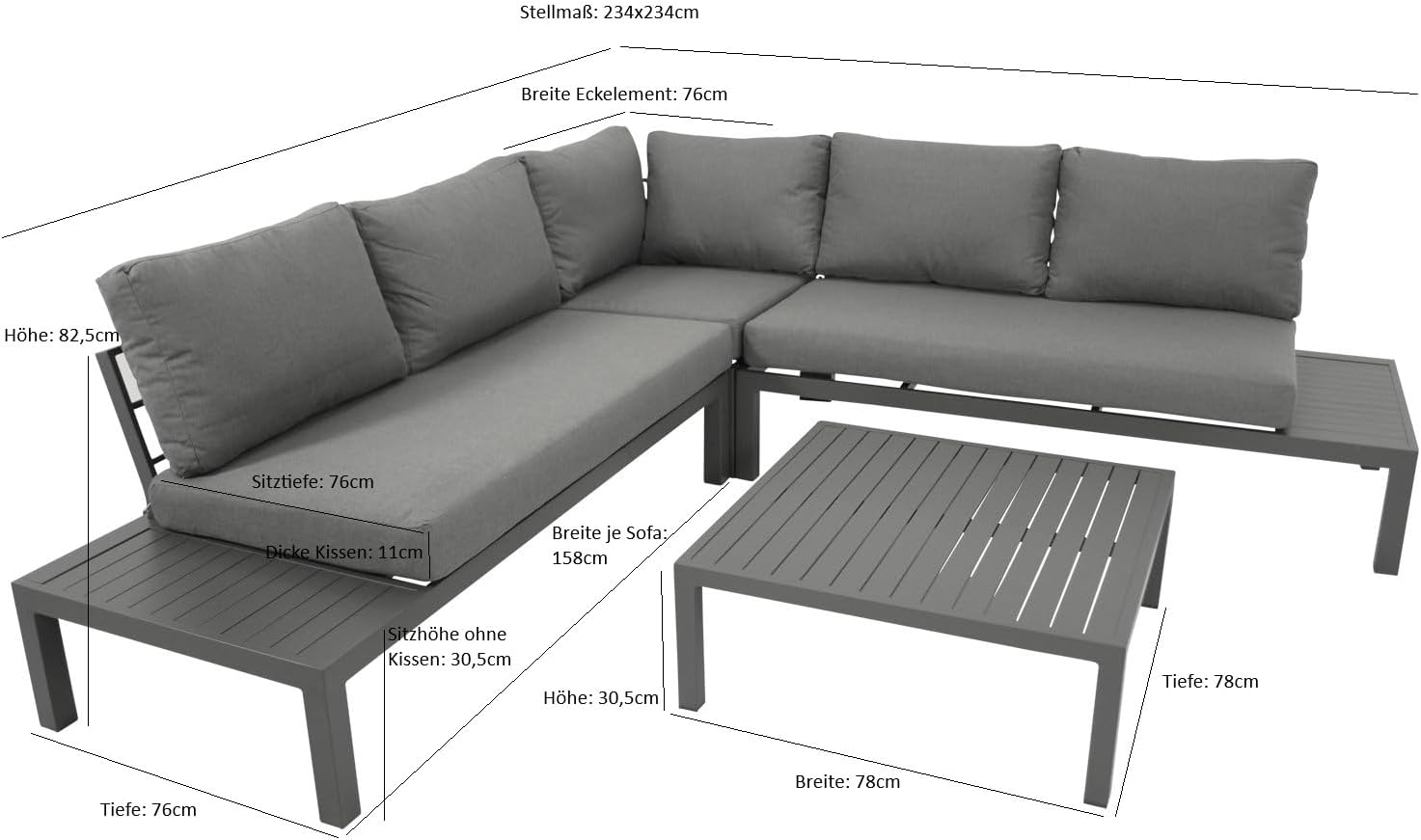 DEGAMO Ecklounge Set ROVIGNO, Aluminium anthrazitfarben, mit Kissen grau, 234x234cm, wetterfest, Outdoor