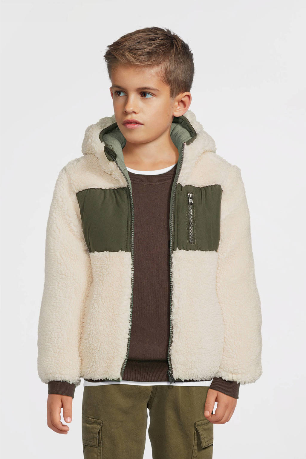 Koko Noko teddy winterjas wit/olijfgroen