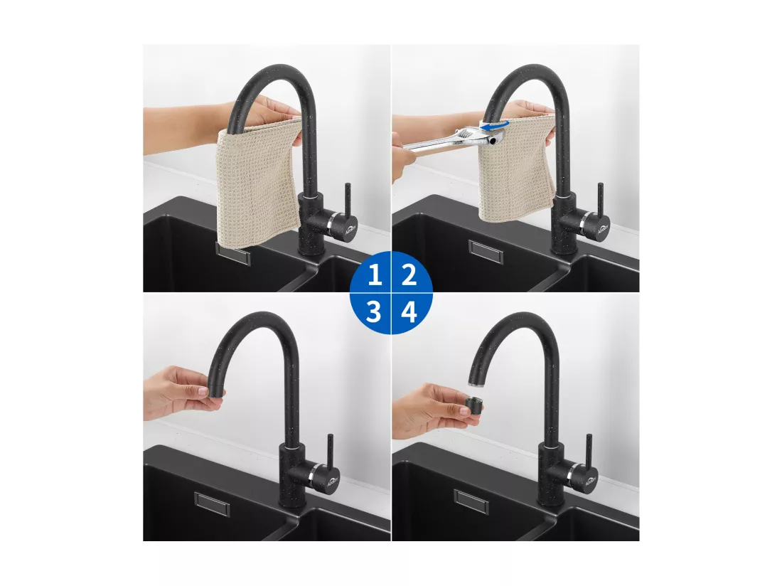 2pcs Robinet Cuisine Mitigeur Evier Rotatif 360° Mitigeur Cuisine Eau Froide Chaude en Laiton avec Aérateur Démontable Noir Graphite,EU Modèle