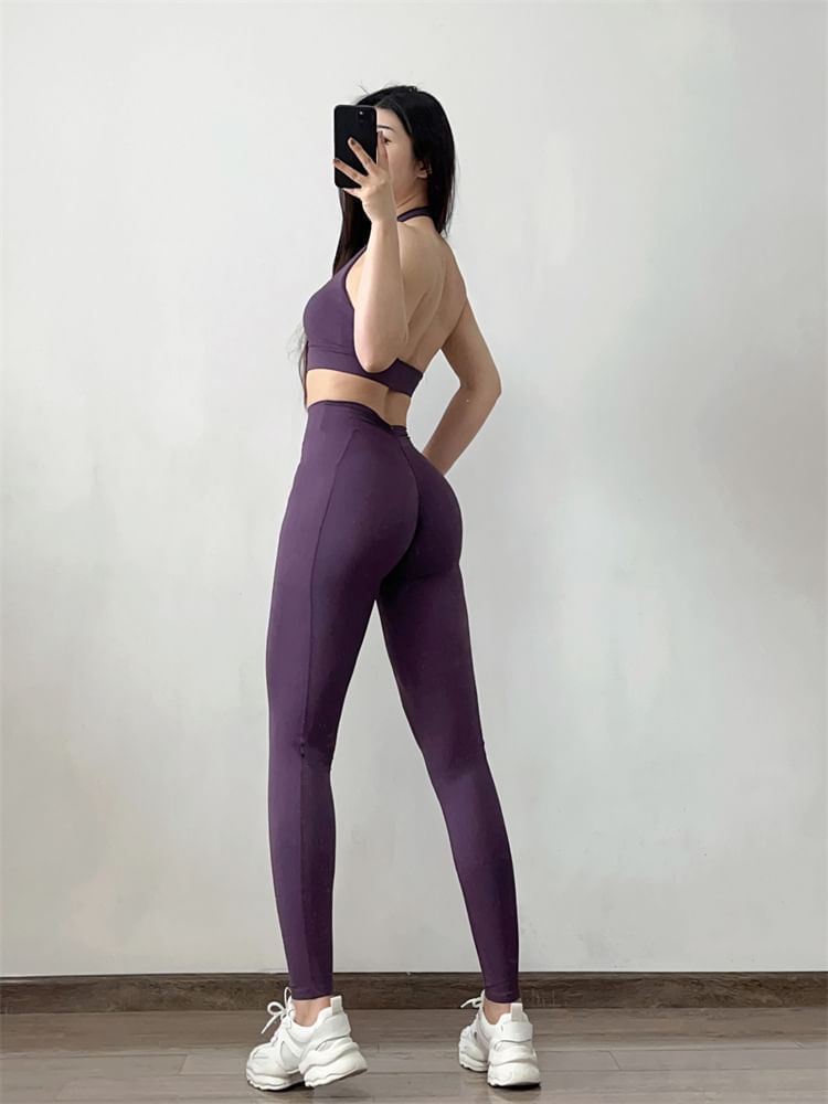 Arigne - Halterhals effen gerimpelde sportbeha / Hoge taille yogalegging
