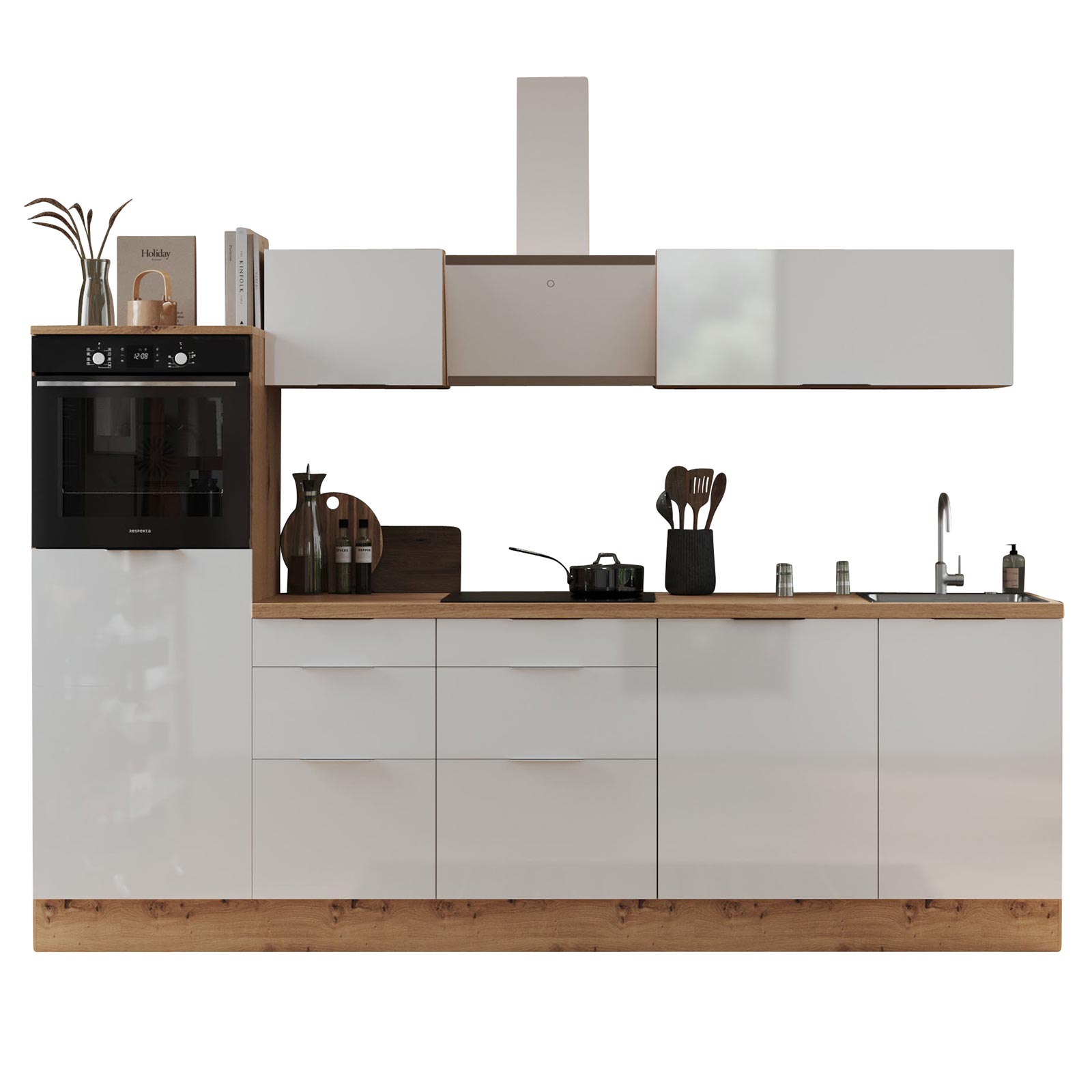 RESPEKTA Küchenblock - weiß Hochglanz - Artisan Eiche - mit E-Geräten - 280 cm