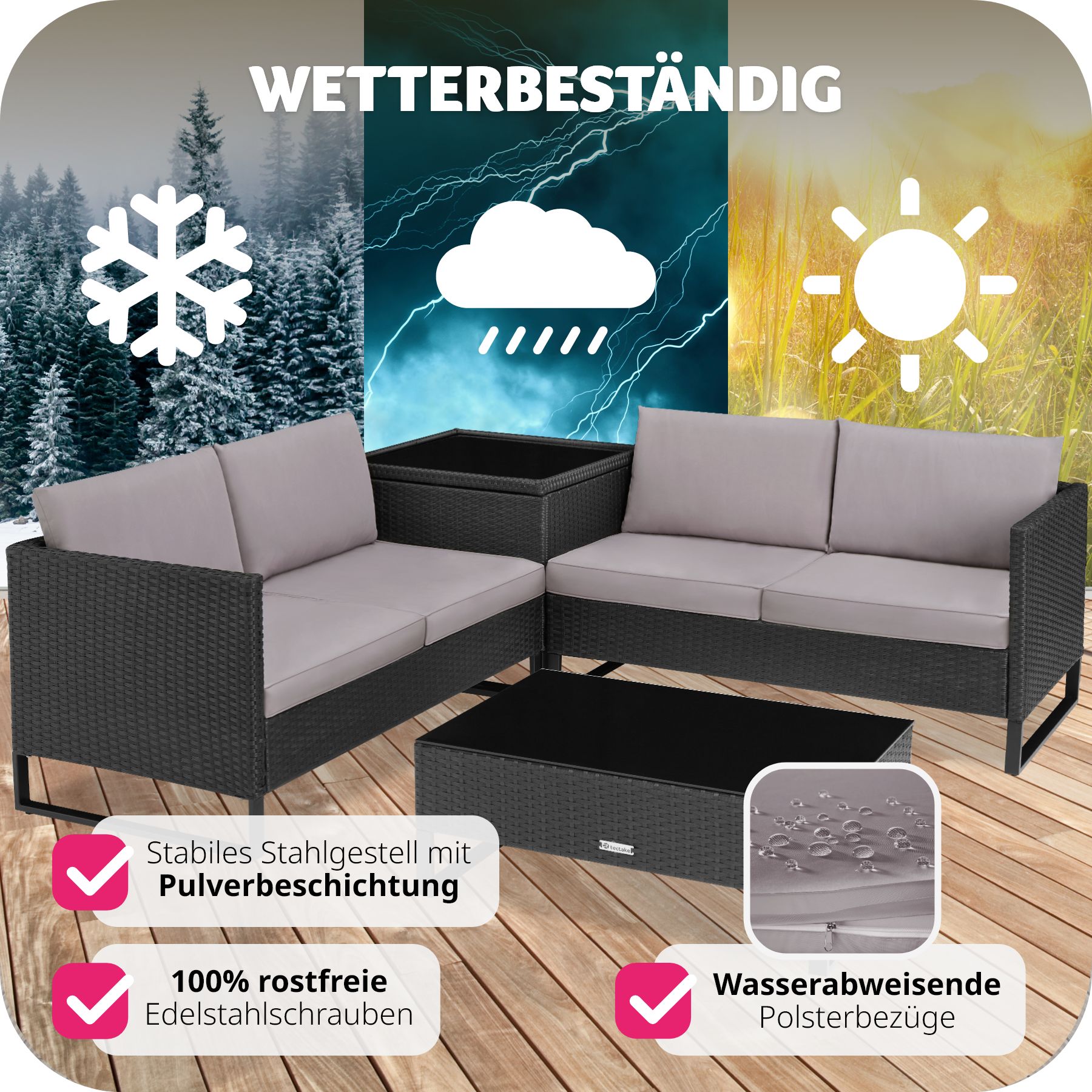tectake® Rattan Lounge, für 4 Personen, große Aufbewahrungsbox, mit Sicherheitsglasplatte