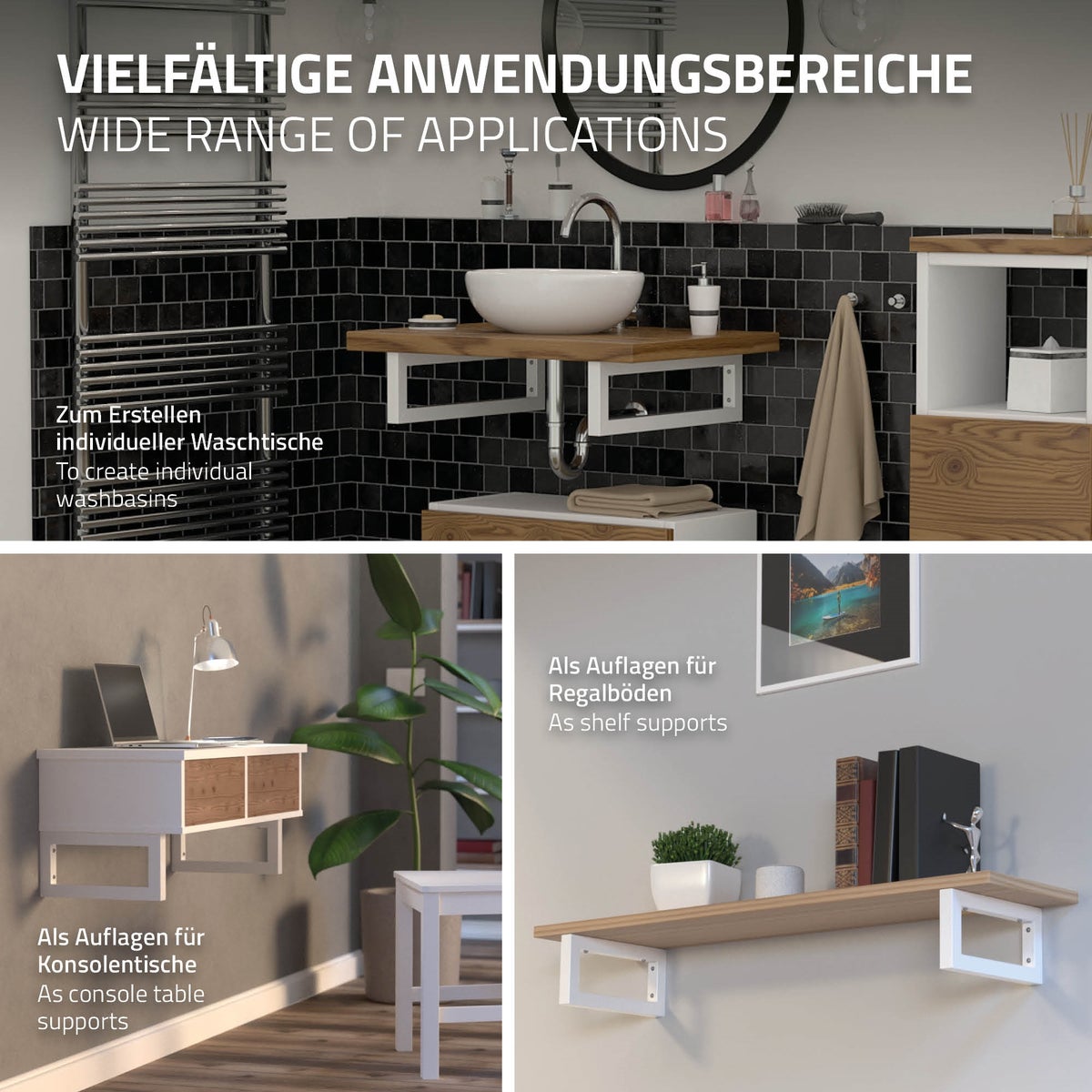 ML-Design 2-delige set wandgemonteerde wastafelconsoles, 450x150 mm, wit, staal, design wastafelconsole, wandgemonteerde onderconsole voor wastafelblad, consoledrager, plankdrager, plankhouder, handdoekhouder