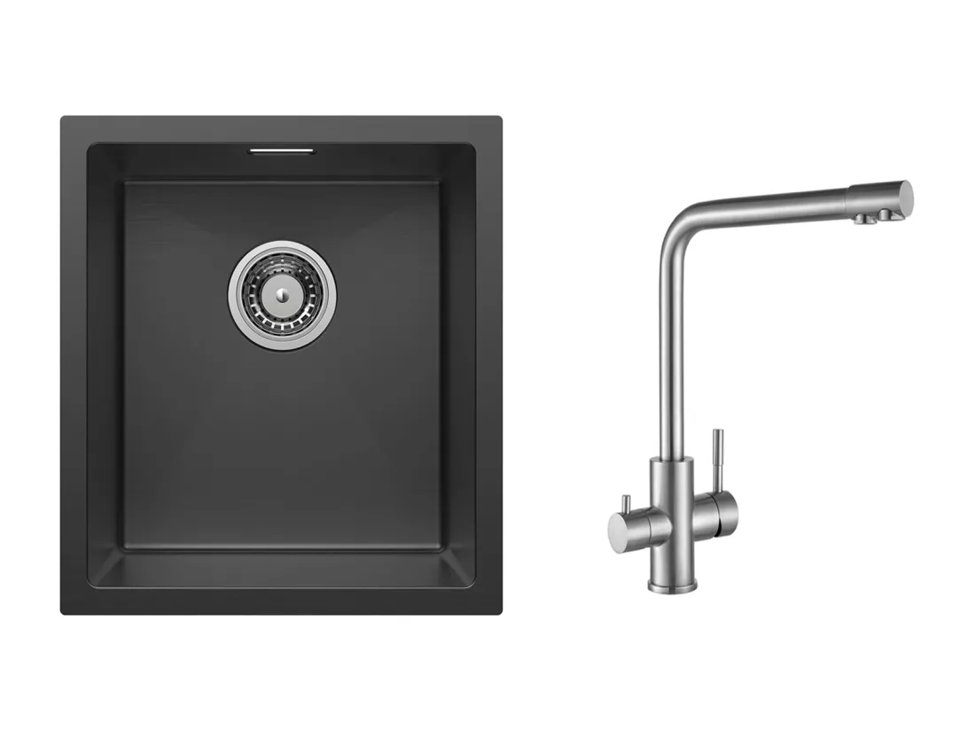CECIPA MAX Évier Inox 40*44*19 cm Évier 1 Bac Évier de Cuisine Noir + Mitigeur Cuisine pour Sstème D'osmose