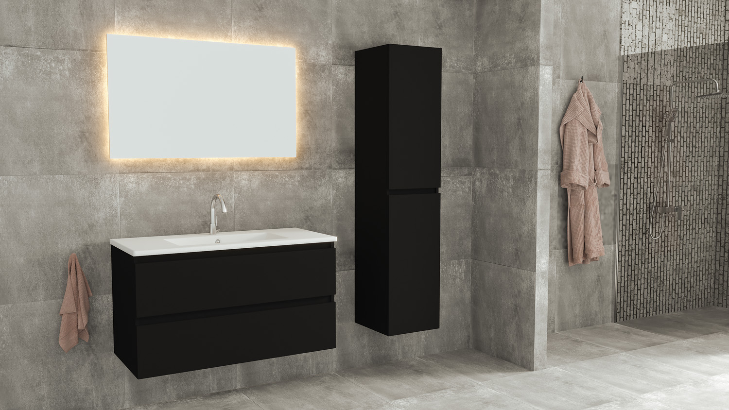 Fontana Rovigo badmeubel 100cm met witte wastafel en kraangat zwart mat