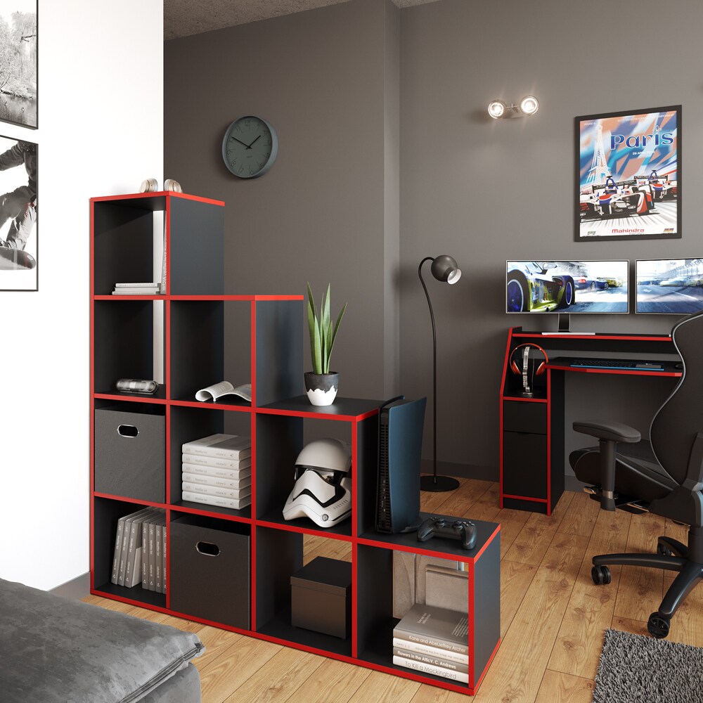 Vicco Treppenregal Raumteiler Stufenregal 10 Fächer Schwarz/Rot Bücherregal