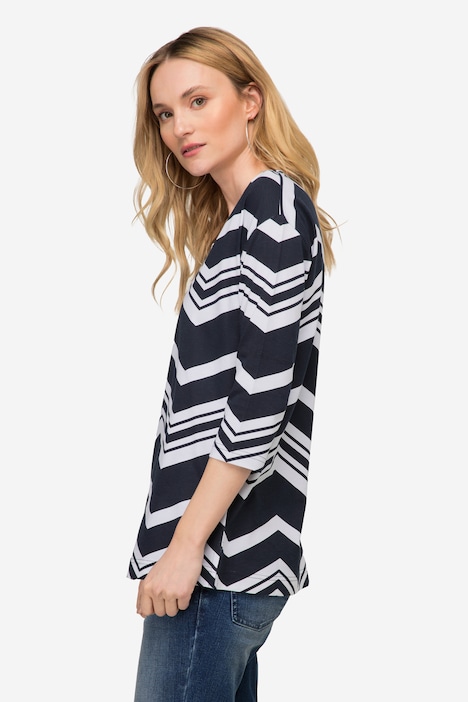T-Shirt, oversized, Zacken Muster, U-Boot-Ausschnitt, 3/4-Ärmel