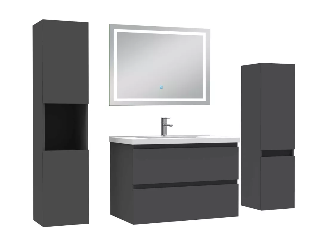 Ensemble meuble Salle de Bain 80cm avec colonne et miroir lumineux 3 couleurs Anthracite