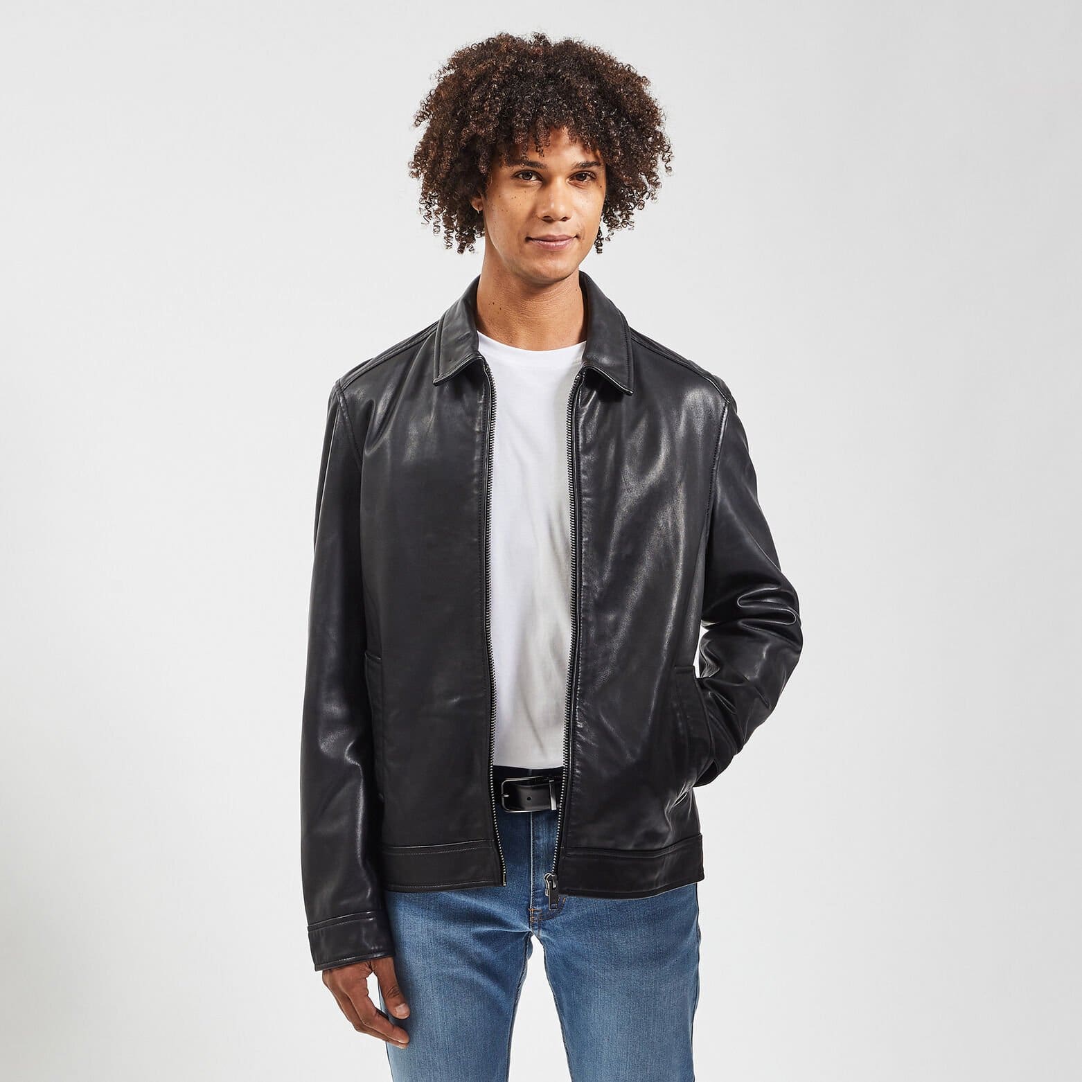 Blouson en cuir col chemise Noir