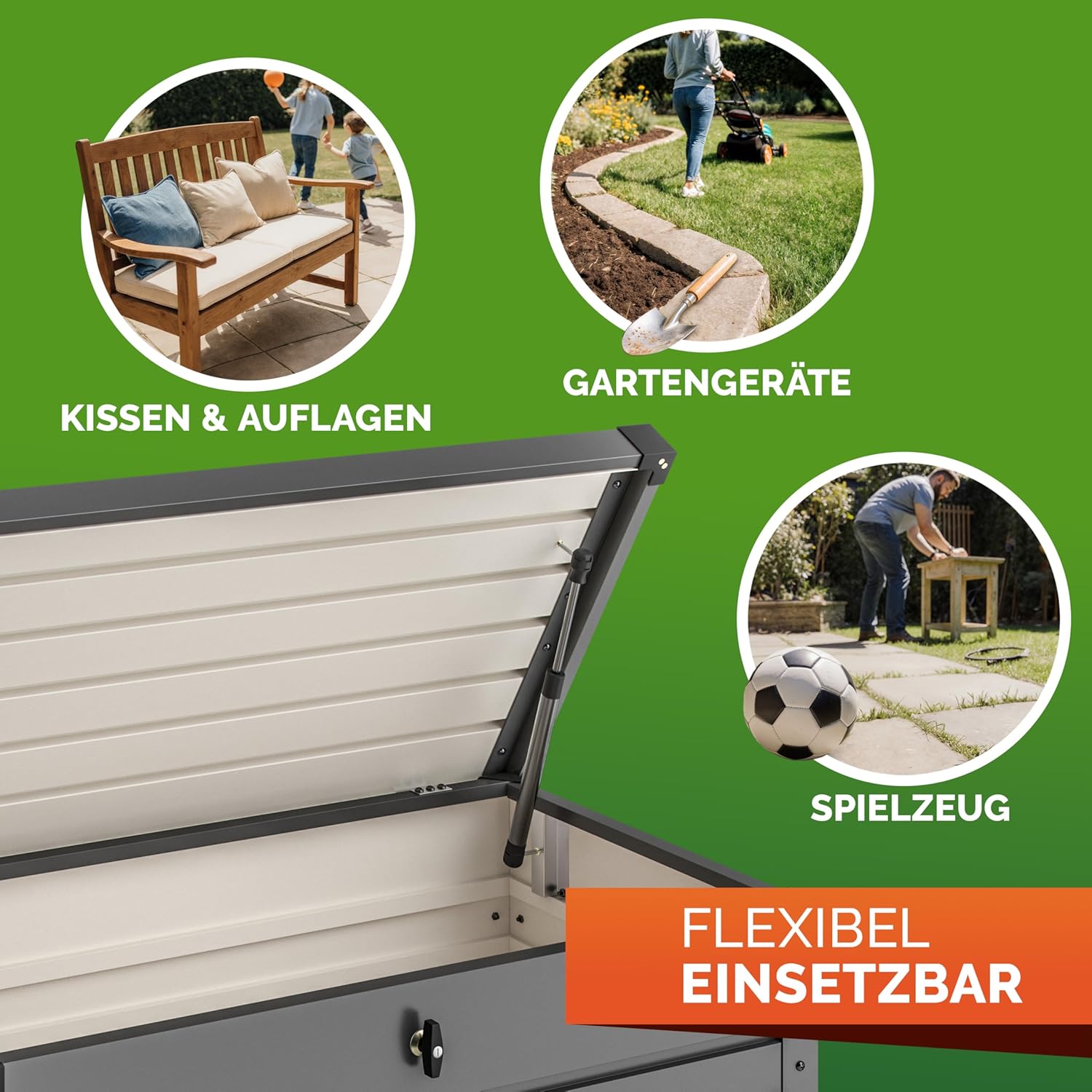 Gardebruk® Auflagenbox 385L Volumen Metall Abschließbar Gasdruckfeder 120x62cm Wetterfest Garten Balkon Keller Gartenbox Gartentruhe Anthrazit