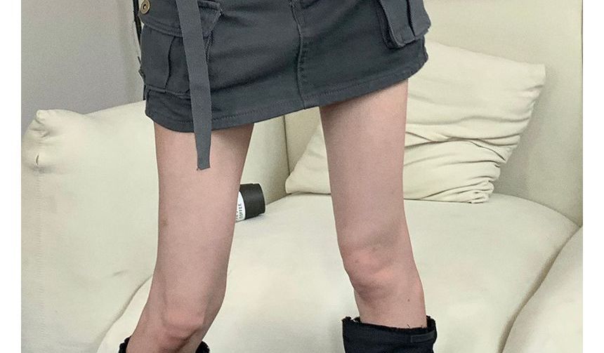 CosmoCorner - Mid Rise Plain Denim Cargo Skort