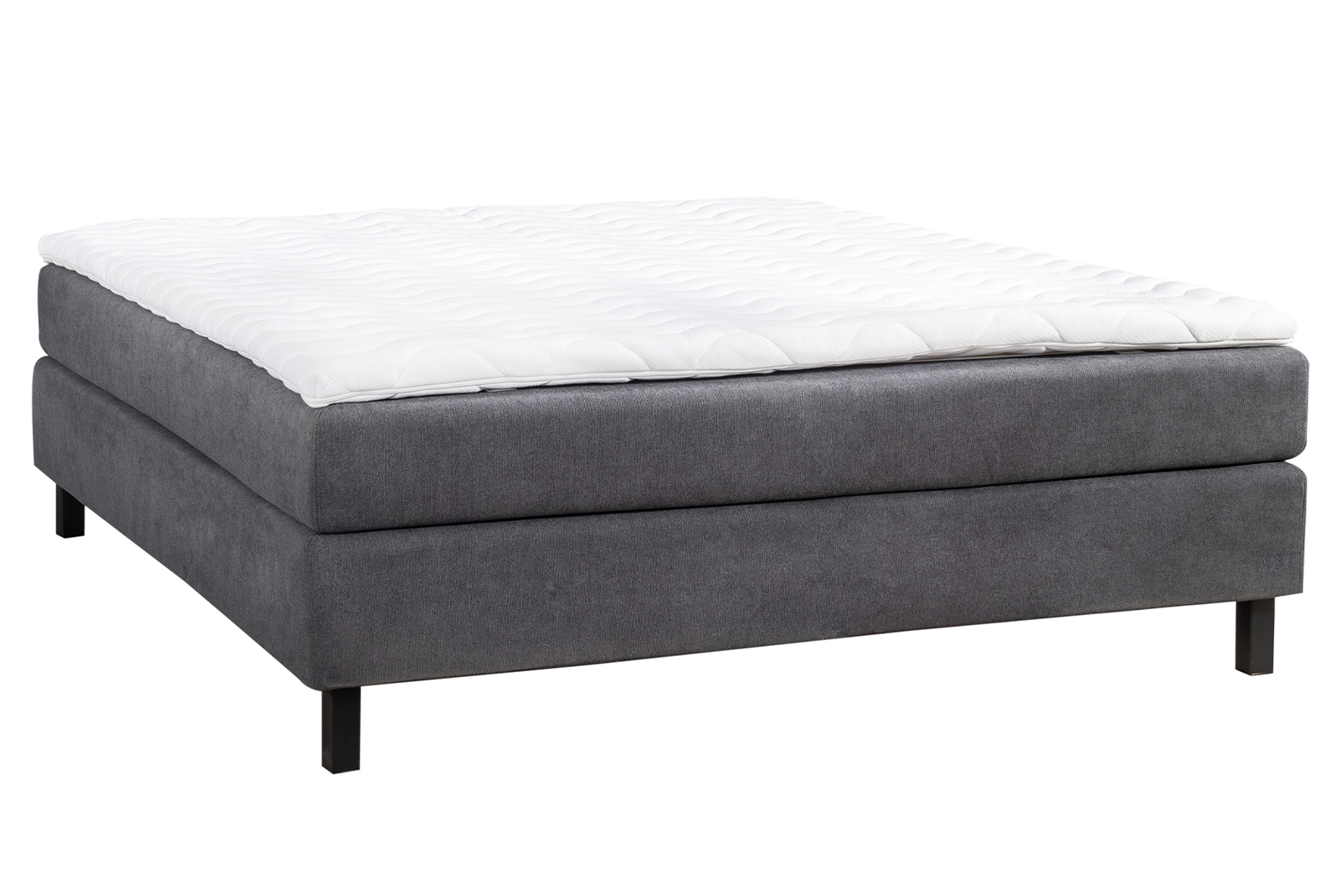 Komfort 5 kontinentalseng 150x200 cm i tekstil Primo mørk grå 96 med fast/fast fasthet, Komfort 5 overmadrass og firkantet sorte ben 15 cm